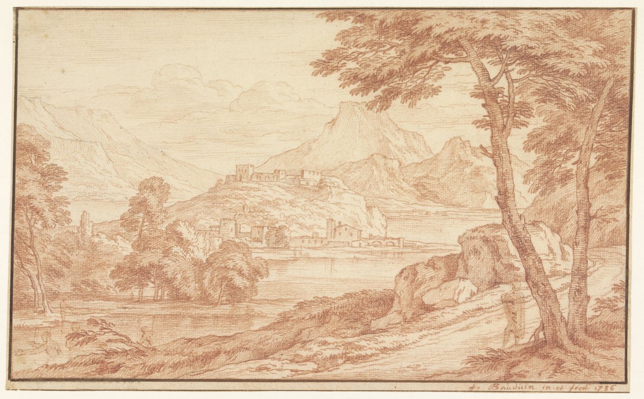 Landschap met een dorp aan het water door Frans Boudewijns