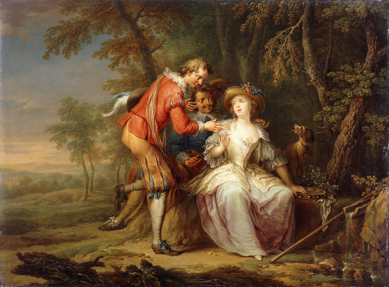 Liefdesallegorische scènes in beboste landschappen door Frans Christoph Janneck