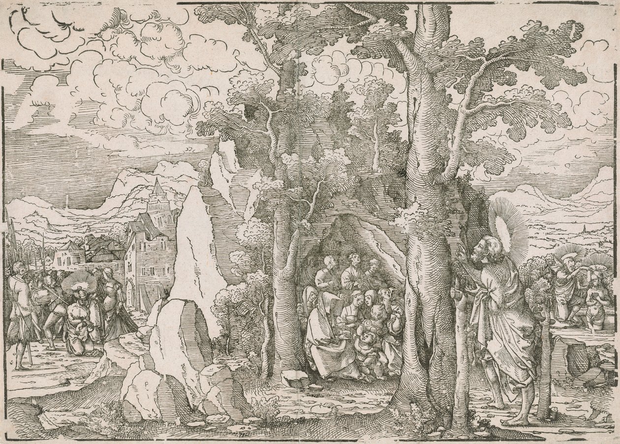 Landschap met scènes uit het leven van Sint Jan de Doper door Frans Crabbe van Espleghem