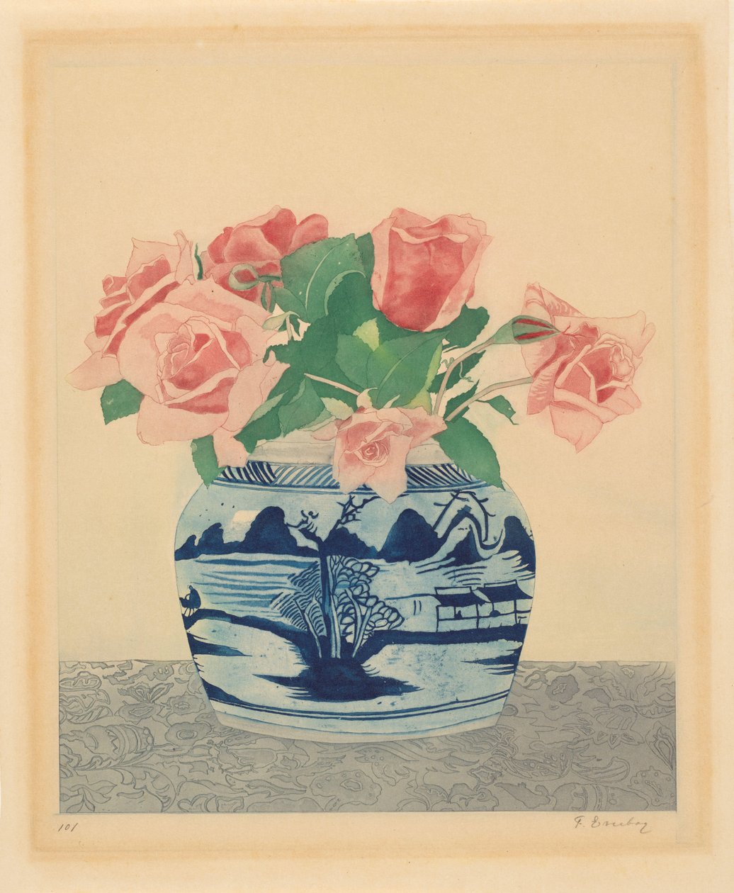 Roze rozen in een gemberpot met Chinese decoraties door Frans Everbag (signed by artist)