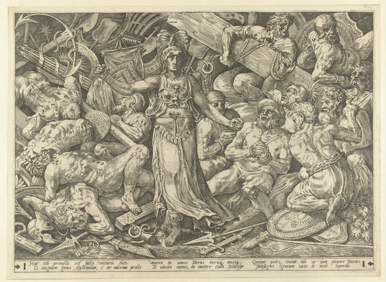 Victoria omringd door gevangenen en trofeeën door Frans Floris (I)