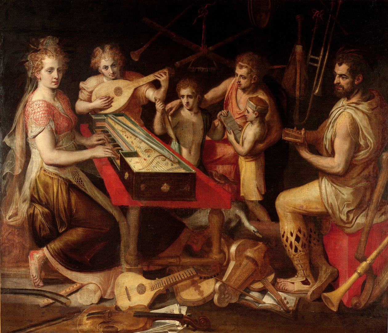 Muziekkarakters vetus heeft de oude omringing van muziekinstrumenten die een allegorie vormen. door Frans Floris