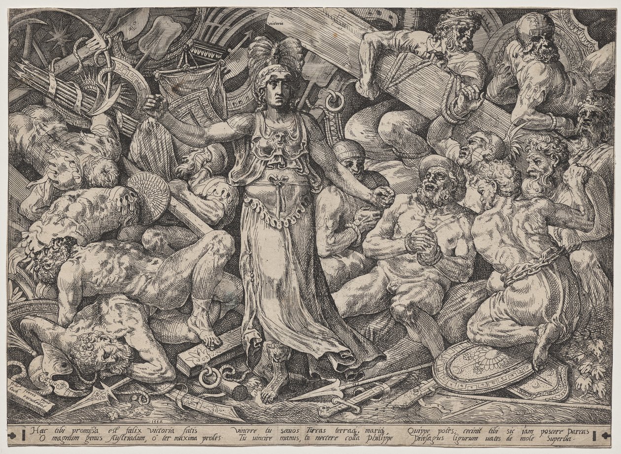 Overwinning omringd door gevangenen en trofeeën door Frans Floris the Elder
