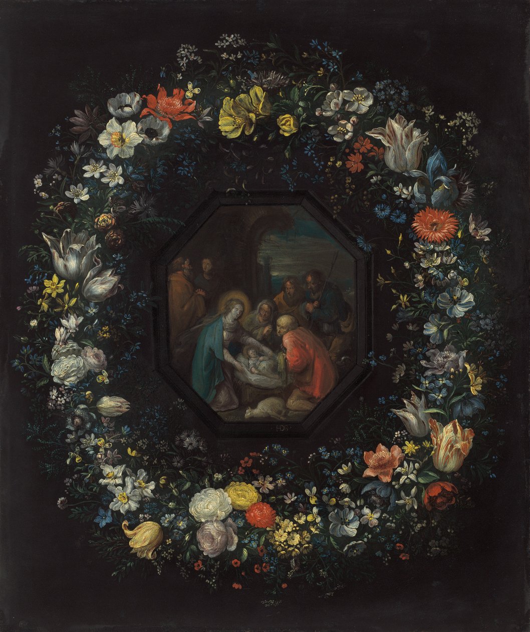 Bloemenslinger met Aanbidding van de Herders, c. 1625-1630 door Frans Francken II