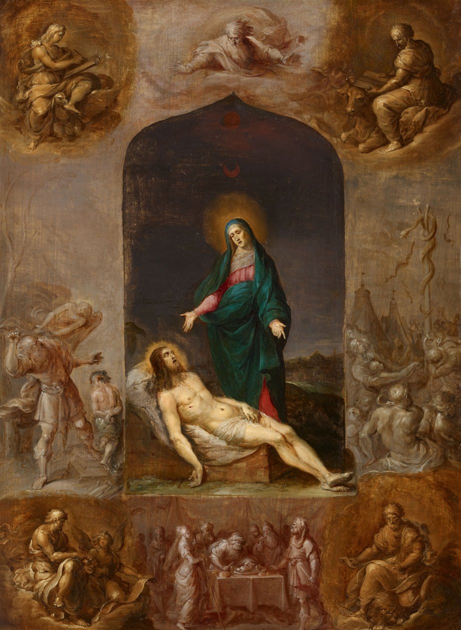 Pietà omringd door grisailles van de Vier Evangelisten en scènes uit het Oude Testament door Frans Francken the Younger