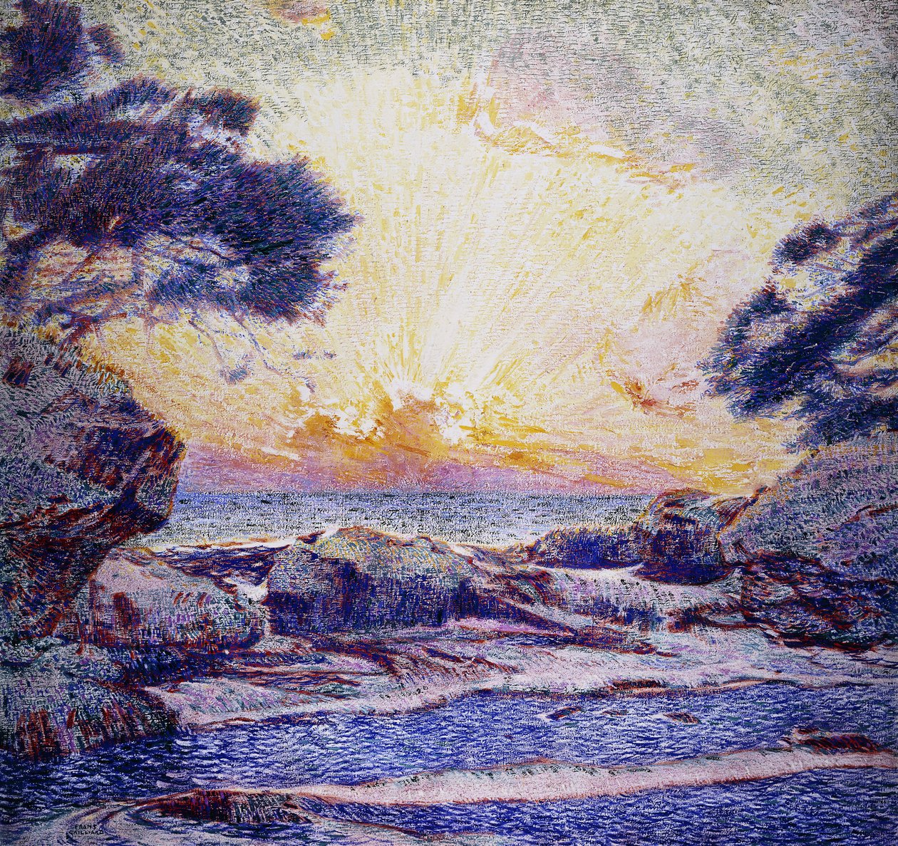 Kustscène; Zonsondergang; Scène de Côte; Coucher de Soleil door Frans Gaillard