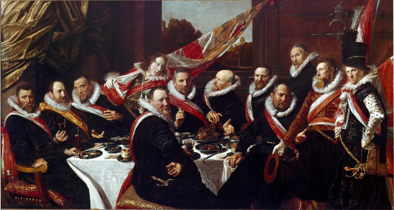 Het banket van de officieren van het Sint-Joris schuttersgilde van Haarlem Schilderij door Frans Hals 1616 door Frans Hals