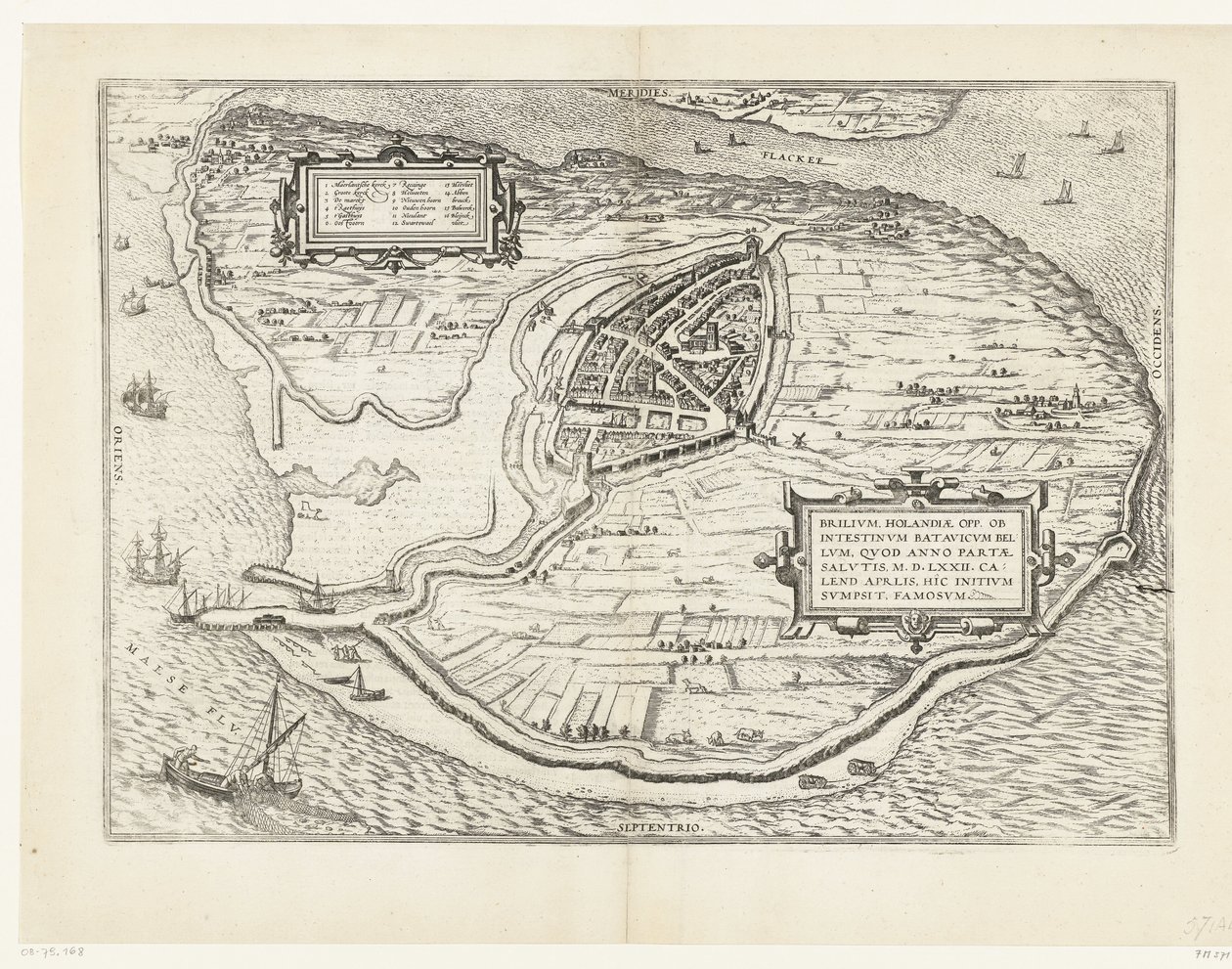 Kaart van het eiland Voorne en plattegrond van Brielle, 1572 door Frans Hogenberg
