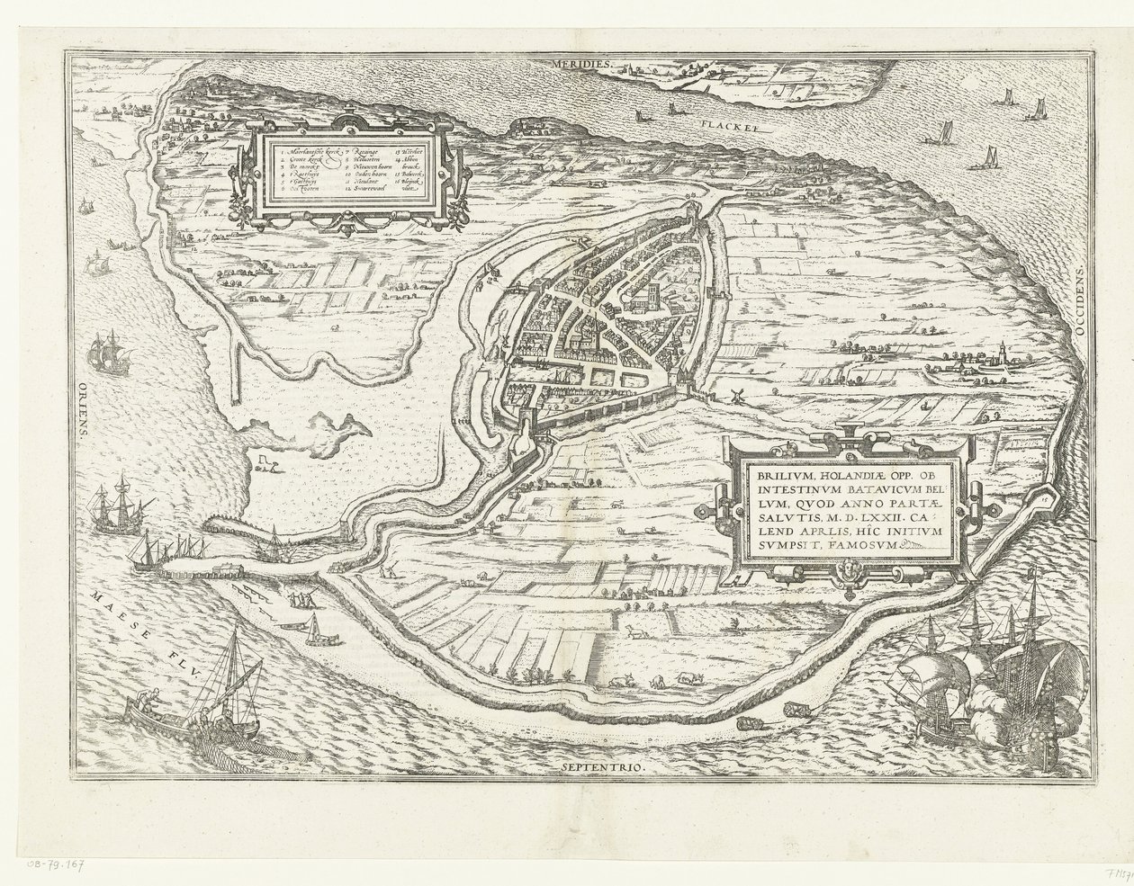 Kaart van het eiland Voorne en plattegrond van Brielle, 1572 door Frans Hogenberg