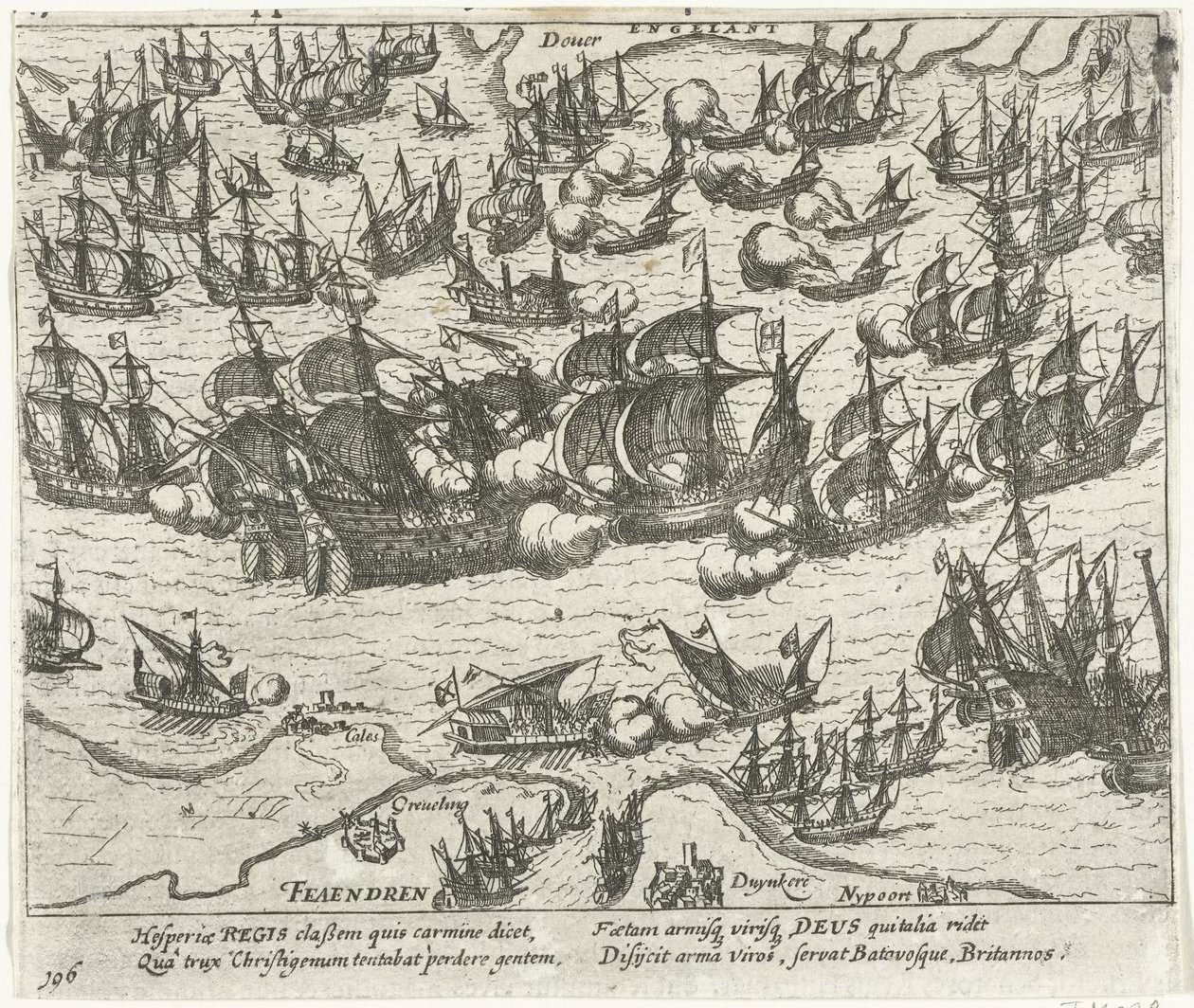Het zinken van de Spaanse Armada in 1588, 1613-1615 door Frans Hogenberg
