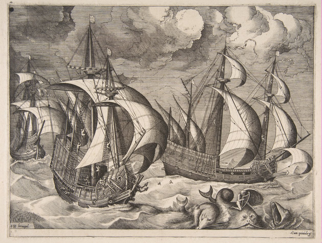 Drie Karvelen in een Oplopende Storm met Arion op een Dolfijn uit De Zeilschepen door Frans Huys
