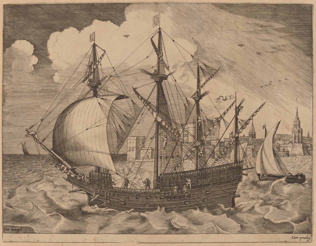 Gewapende viermaster die naar zee gaat door Frans Huys after Pieter Bruegel the Elder