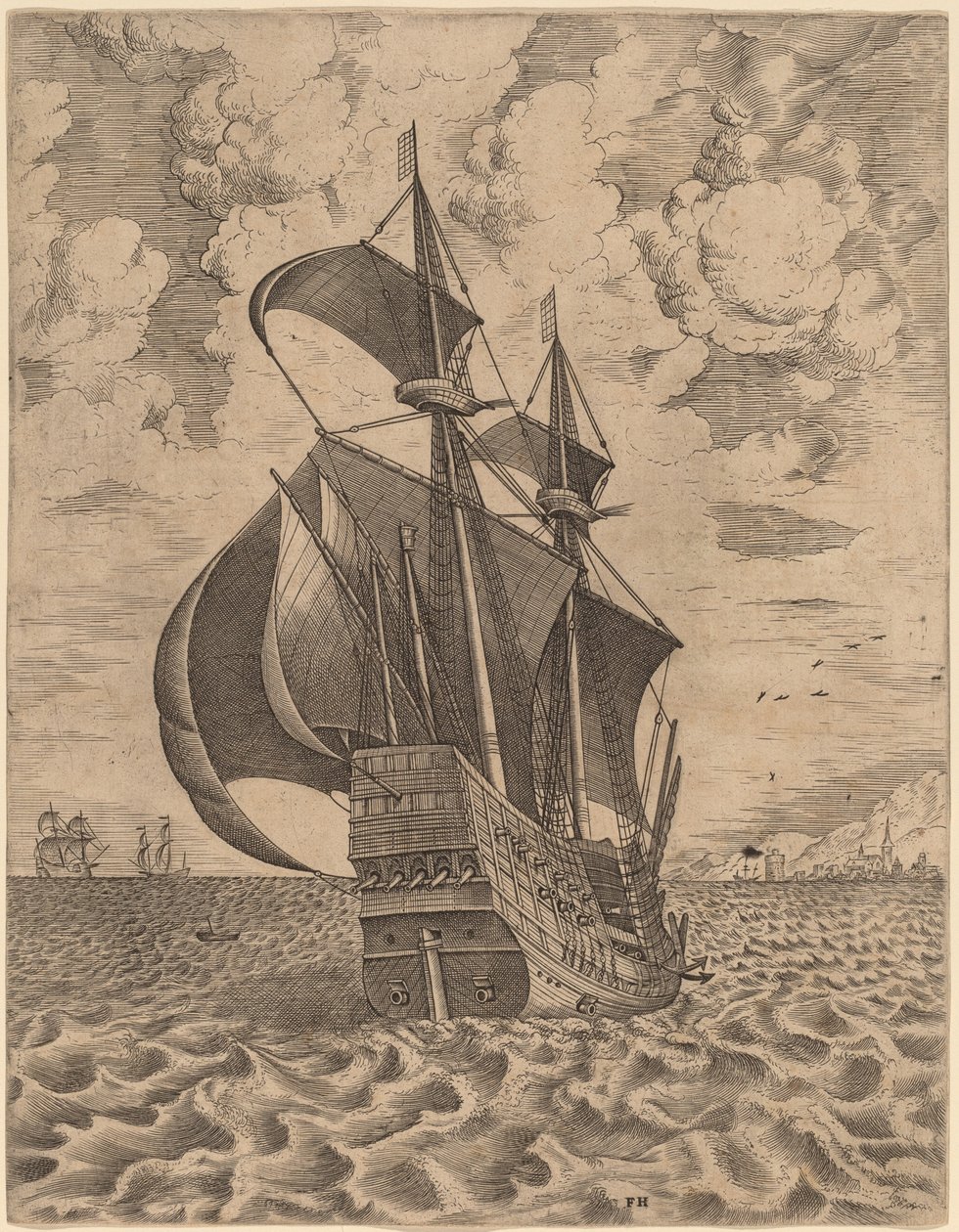 Bewapende driemaster zeilt naar een haven door Frans Huys after Pieter Bruegel the Elder