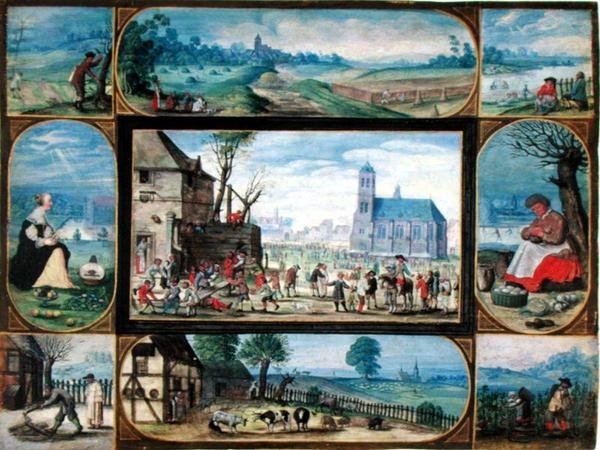 Compositie van tien allegorische scènes van het leven in de stad en op het platteland door Frans II the Younger Francken
