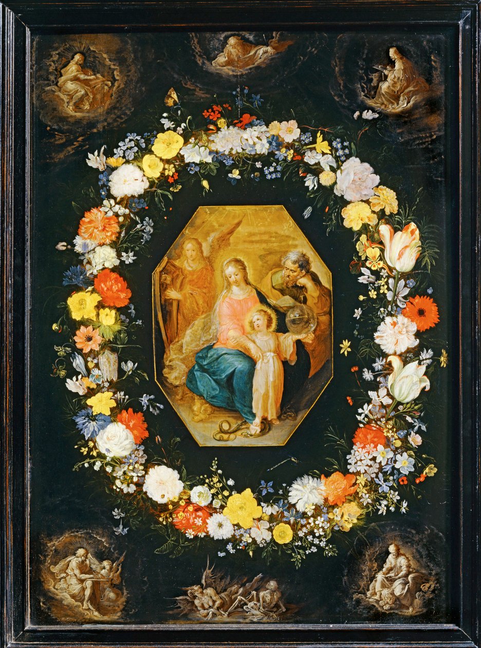 De Heilige Familie omringd door een bloemenkrans ... door Frans II the Younger Francken