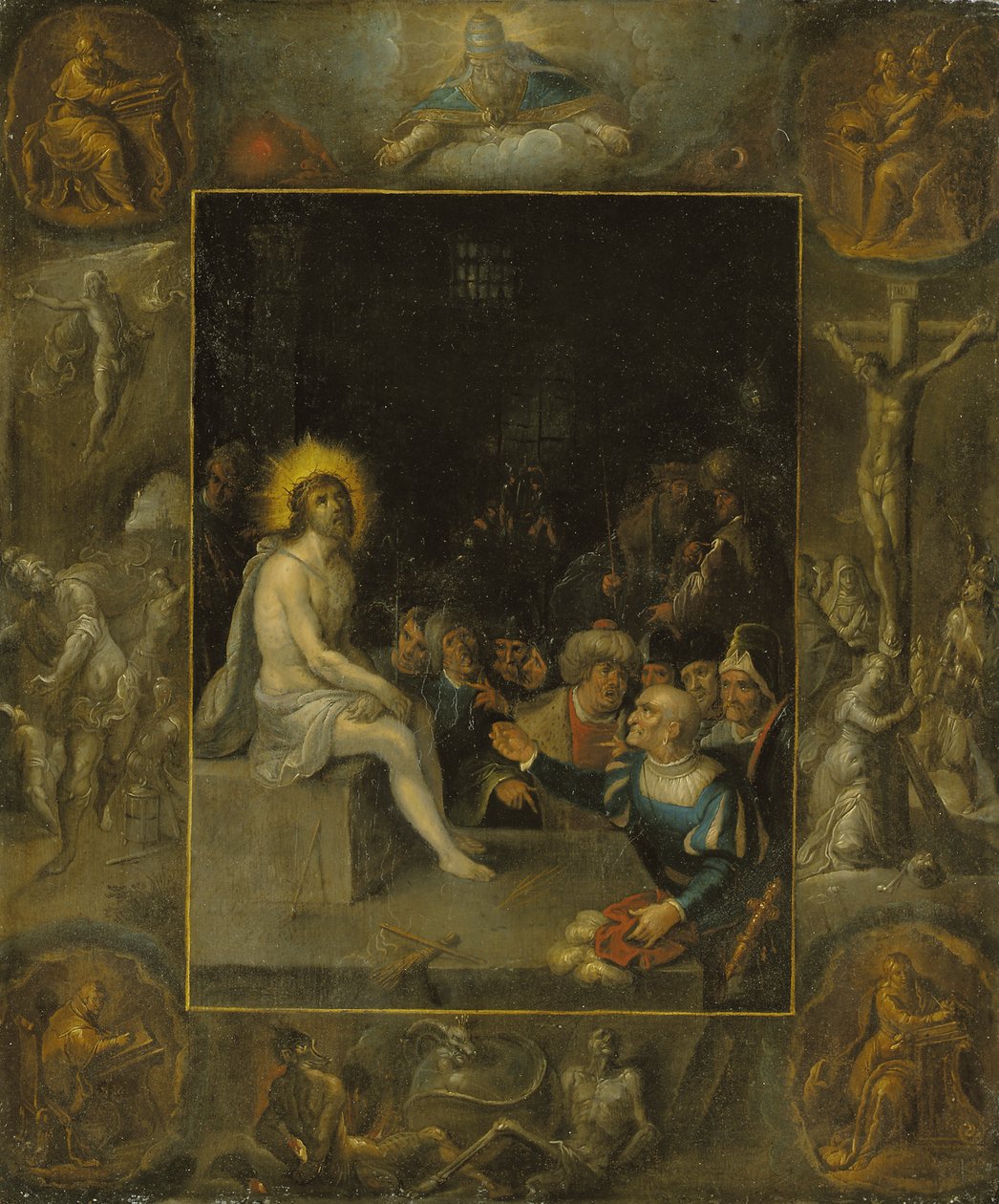 De bespotting van Christus, in een grisaille-omlijsting die God de Vader, de Evangelisten, de Kruisiging, de Opstanding en de Duivel en de Dood met de Gekroonde Slang afbeeldt door Frans II the Younger Francken