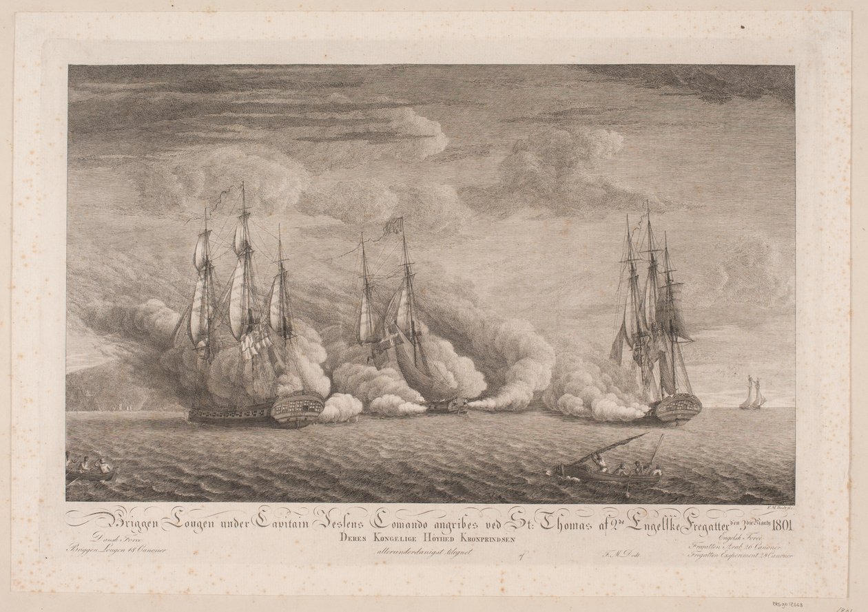 Briggen Lougen aangevallen bij St. Thomas, 3 maart 1801 door Frans Martin Dodt