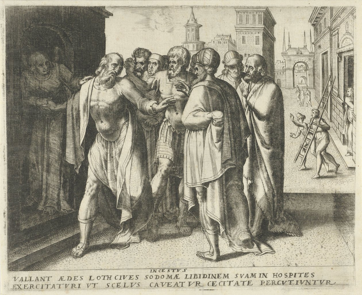 Lot maant de menigte tot kalmte Incestus Geschiedenis van Lot door Frans Menton