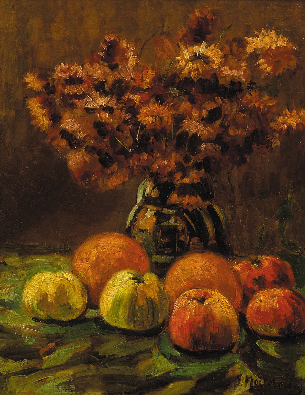 Appels, sinaasappels en een vaas met bloemen op een tafel door Frans Mortelmans