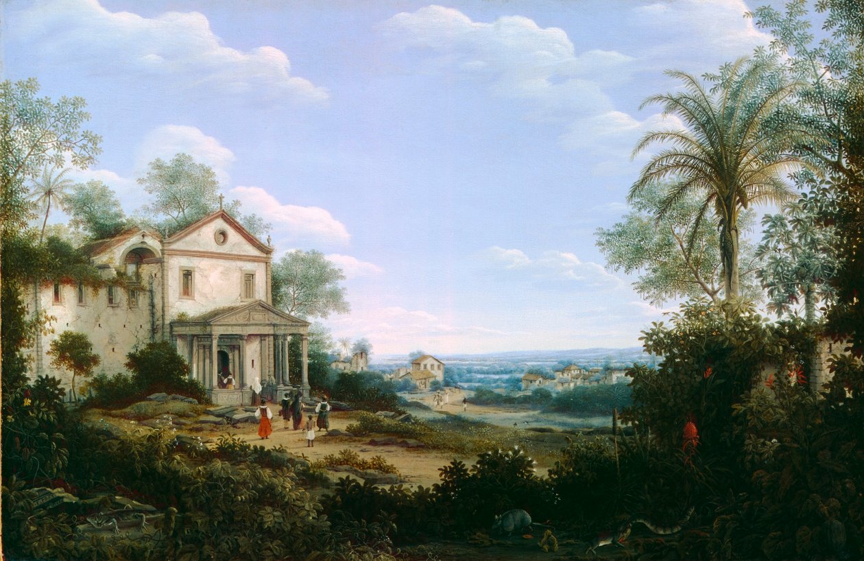 Gezicht op de jezuïetenkerk in Olinda, Brazilië door Frans Post