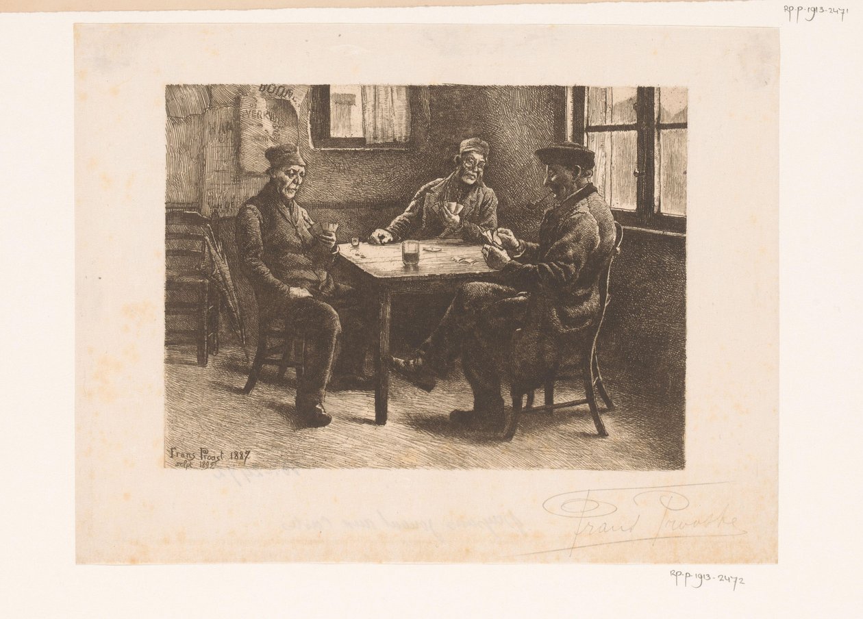 Drie kaartende mannen in een café door Frans Proost (signed by artist)