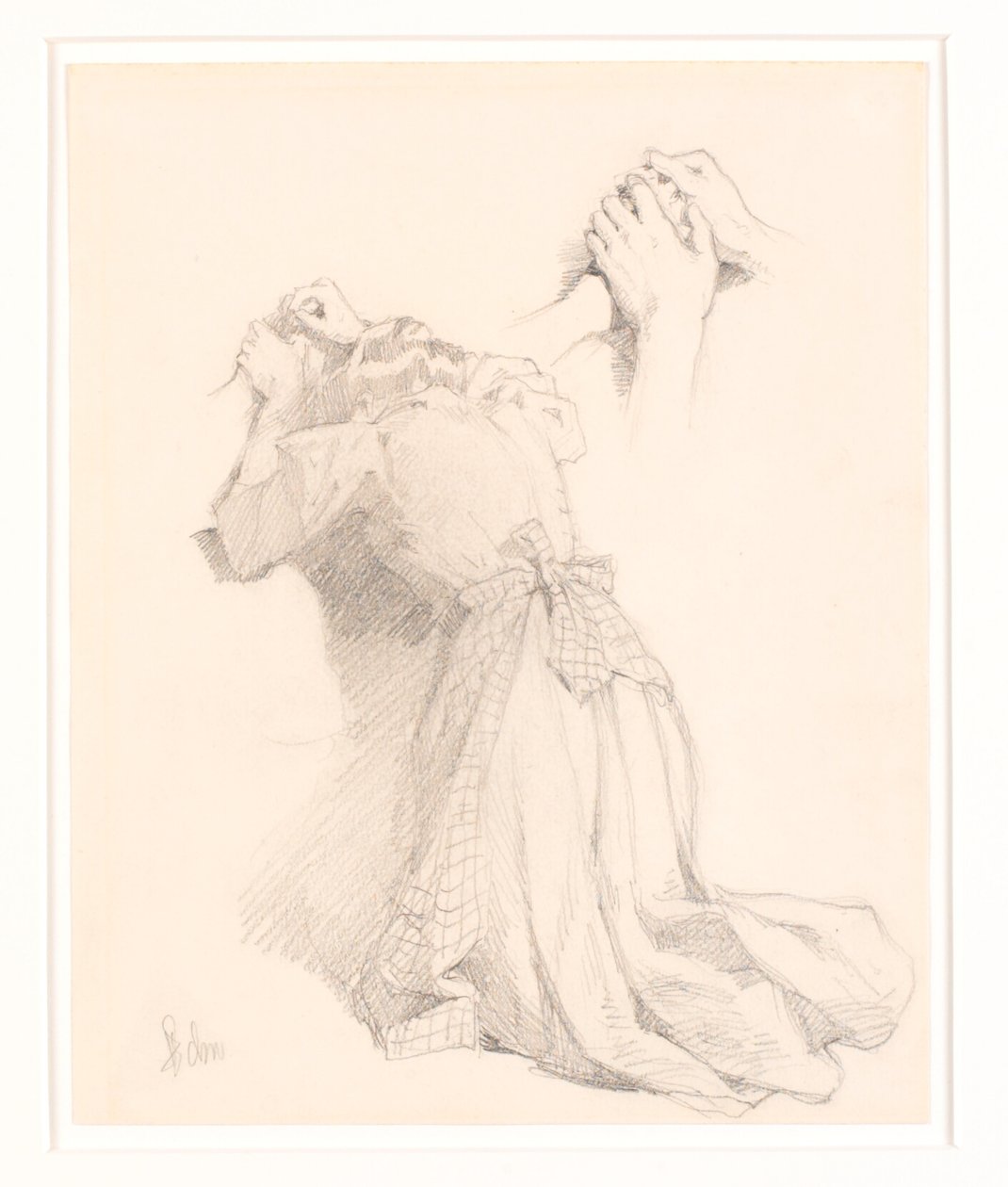 Een blad met vijf potloodschetsen. Vrouwelijke figuren. Studie van handen. door Frans Schwartz