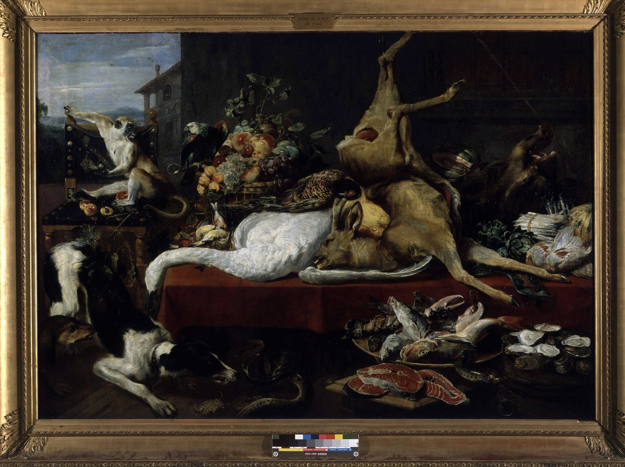 Stilleven van wild, vis, fruit en groenten door Frans Snyders