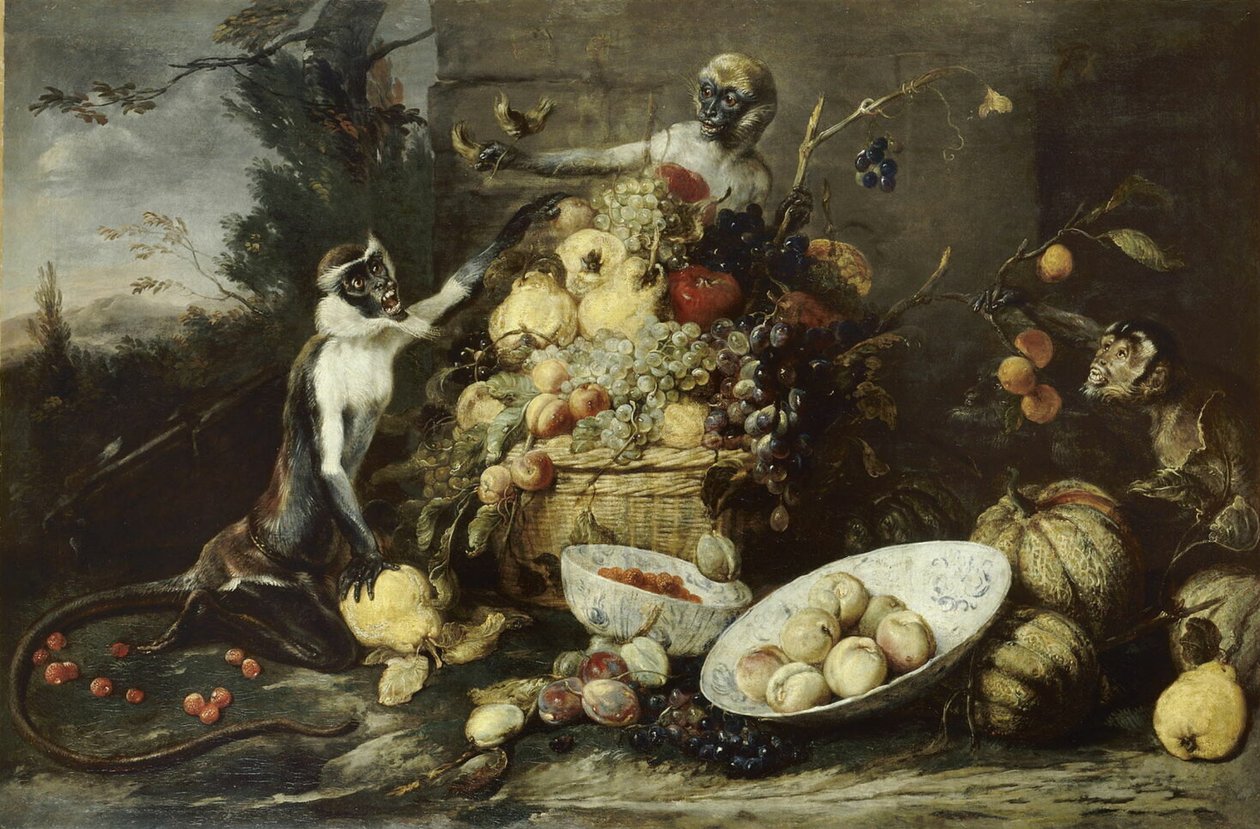 Drie apen die vruchten stelen, met uitzicht op een landschap door Frans Snyders