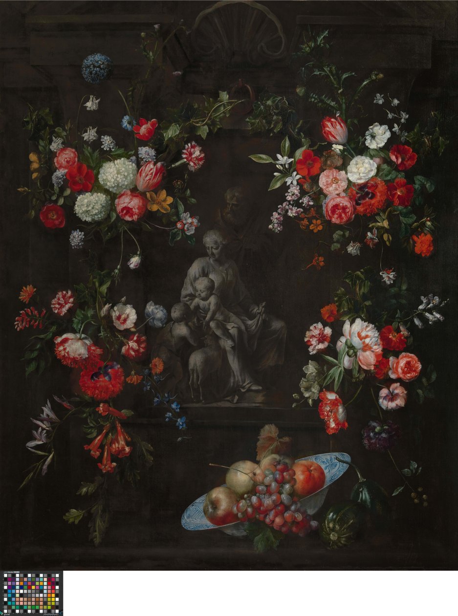 Bloemenkrans met de Heilige Familie door Frans Ykens