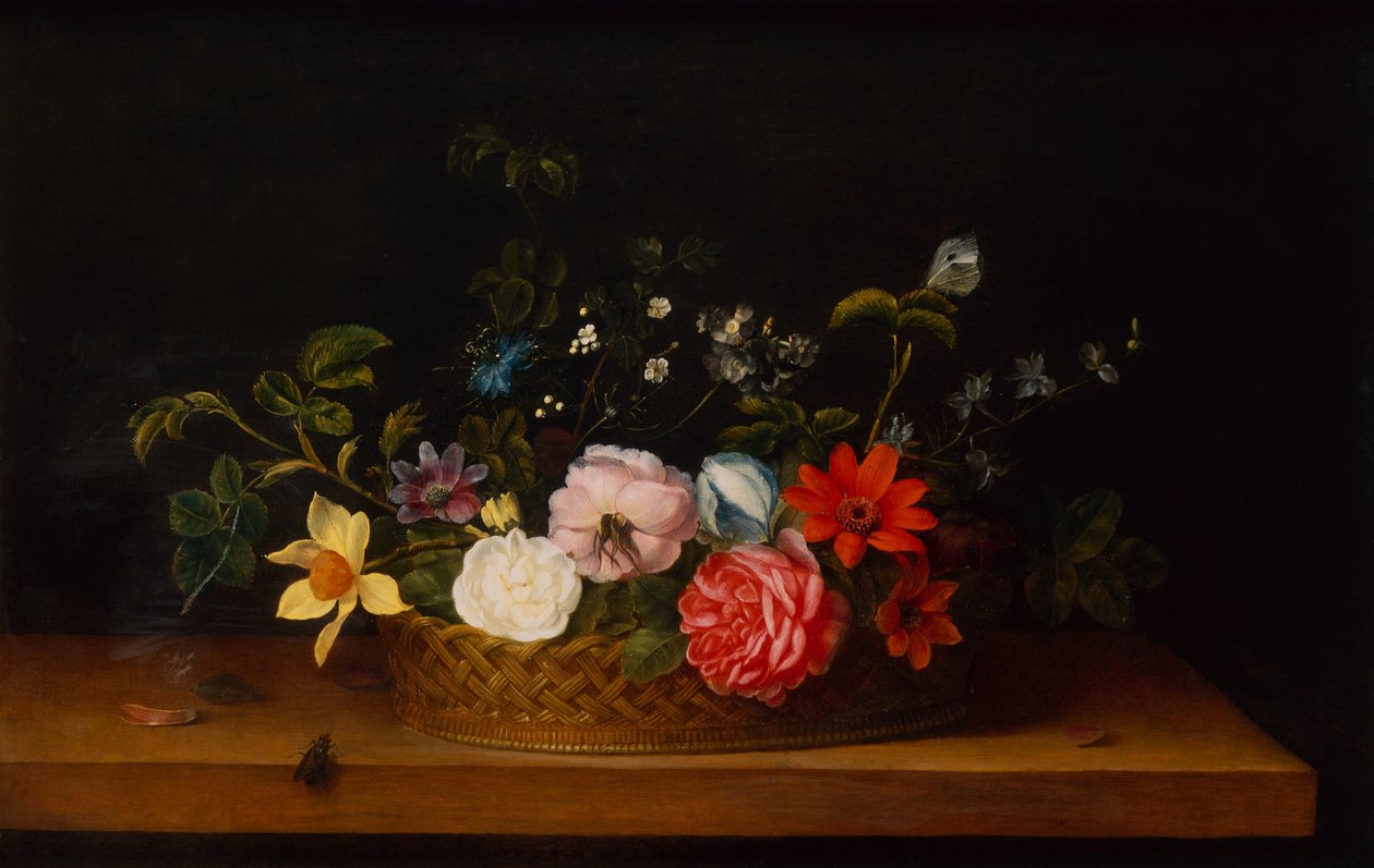 Bloemen in een Mand met Insecten op een Rand door Frans Ykens