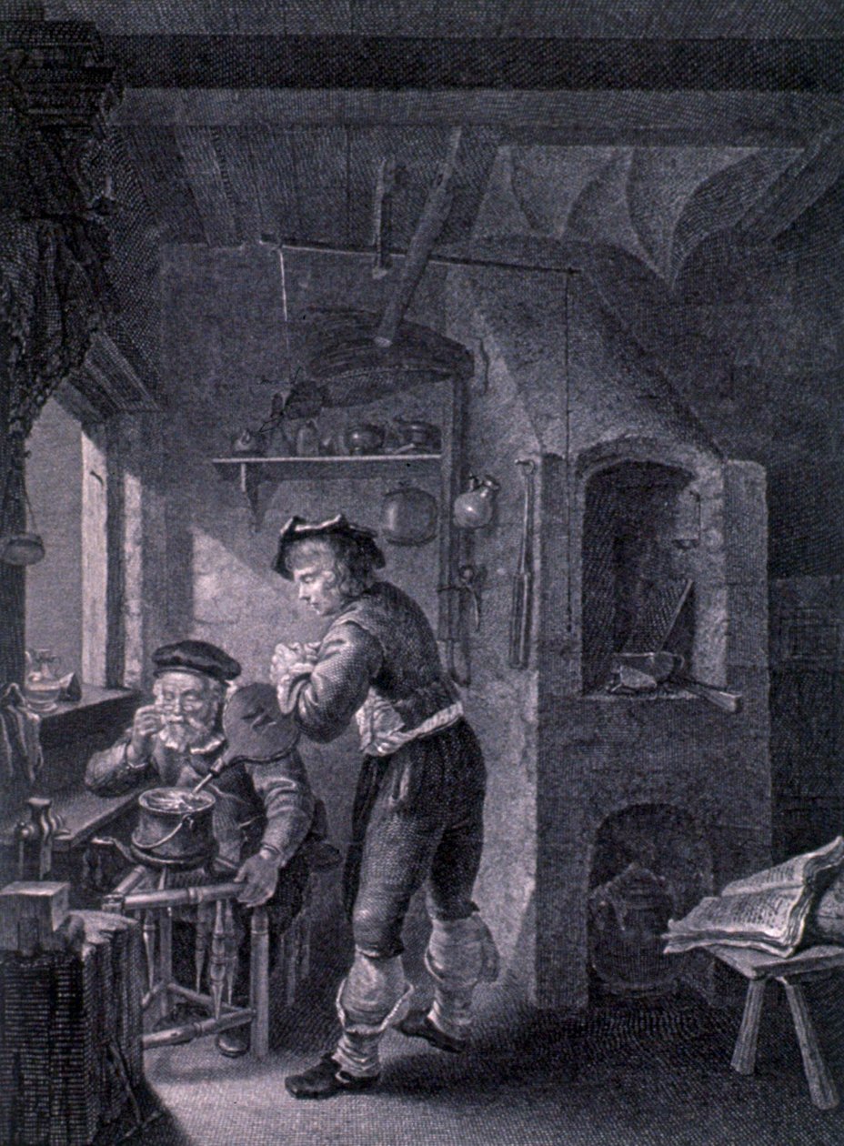 Een 17e-eeuws laboratorium door Frans van (after) Mieris