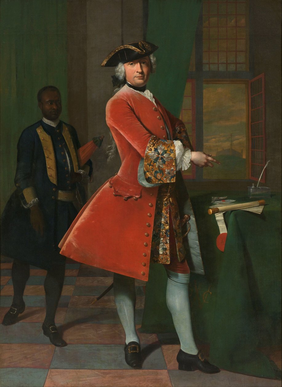 Portret van Jan Pranger en een tot slaaf gemaakte bediende door Frans van der Mijn