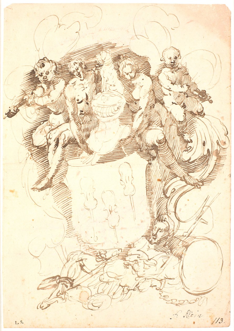 Heraldische compositie: wapenschild met drie omgekeerde violen, helm met hondenkroon, omgeven door twee figuren en twee vioolspelende putti, alles rustend op liggende manfiguur (Neptunus?) door Frantz Cleyn