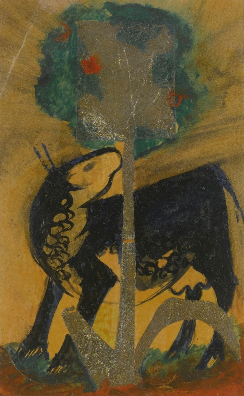 Zwarte koe achter boom door Franz Marc