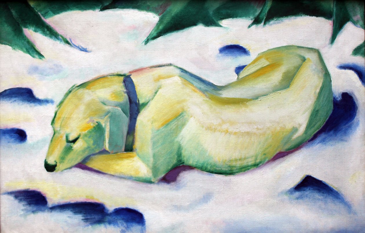 Liggende hond in de sneeuw door Franz Marc