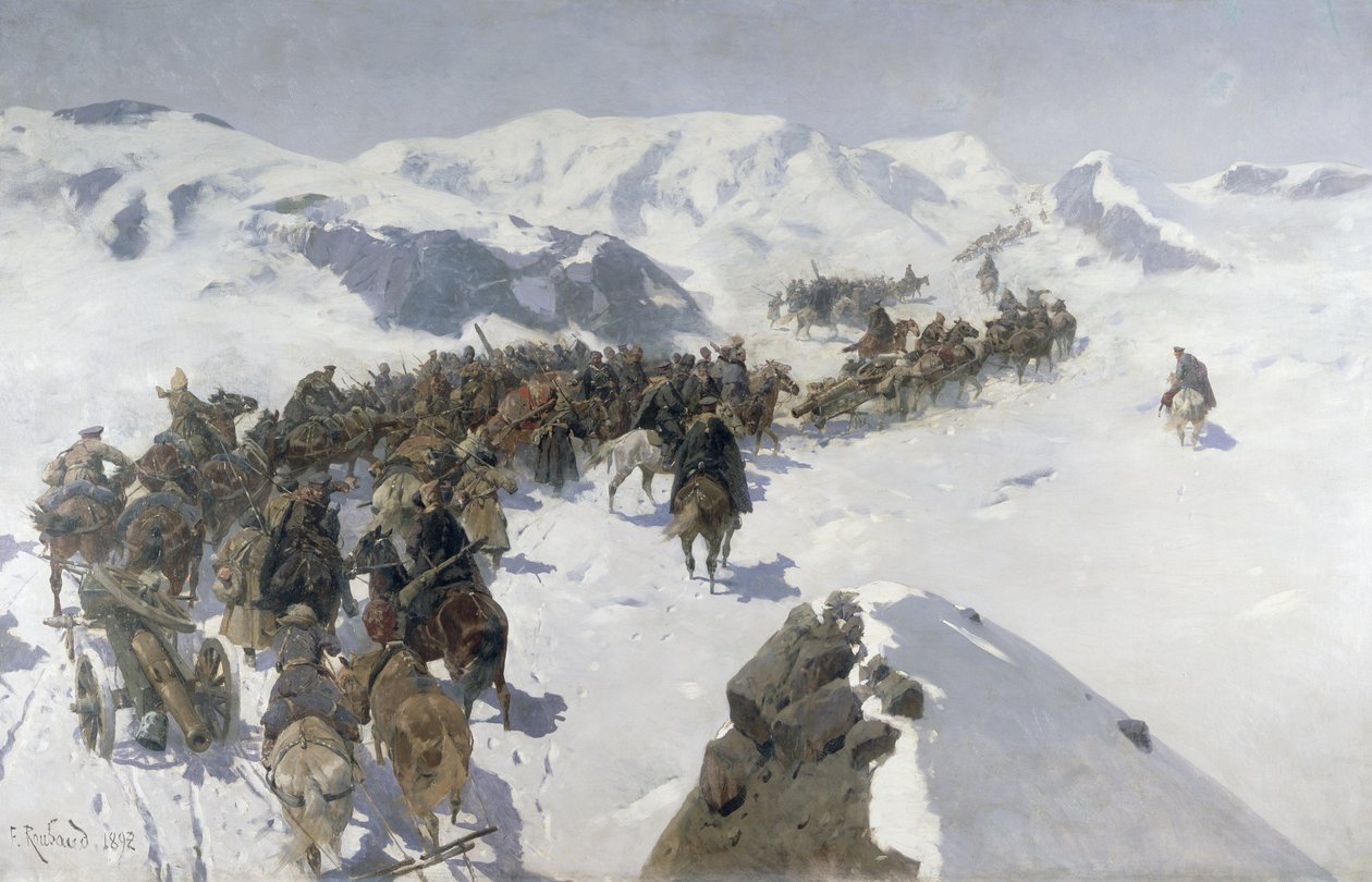 Graaf Argutinsky die de Kaukasische bergketen oversteekt, 1892 door Franz Roubaud