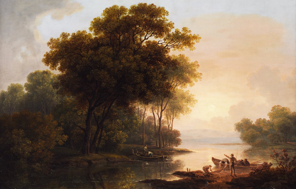 Boomlandschap met uitzicht op een oever in mistig avondlicht door Franz Scheyerer