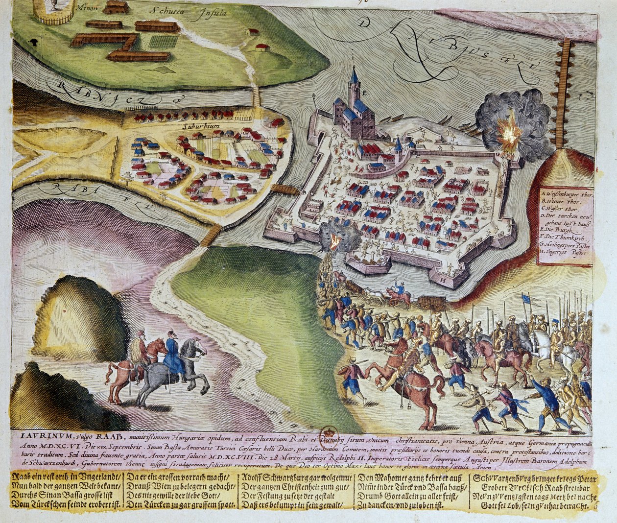 De verovering van Raab door Adolf Schwarzenberg op 28/03/1598. 1653 Prent door Franz Hogenberg (1535-1590) door Franz (after) Hogenberg