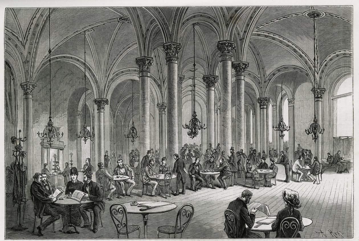 Het centrale café in Wenen (Oostenrijk). Gravure door Kollarz, ter illustratie van het verhaal Wenen en zijn voorsteden, door M. Newlinski, 1881, gepubliceerd in 