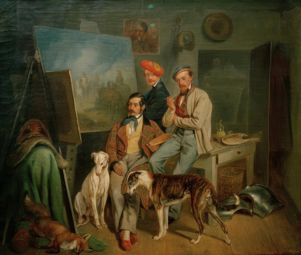 De broers Benno, Franz en Eugen Adam in het atelier door Franz Adam