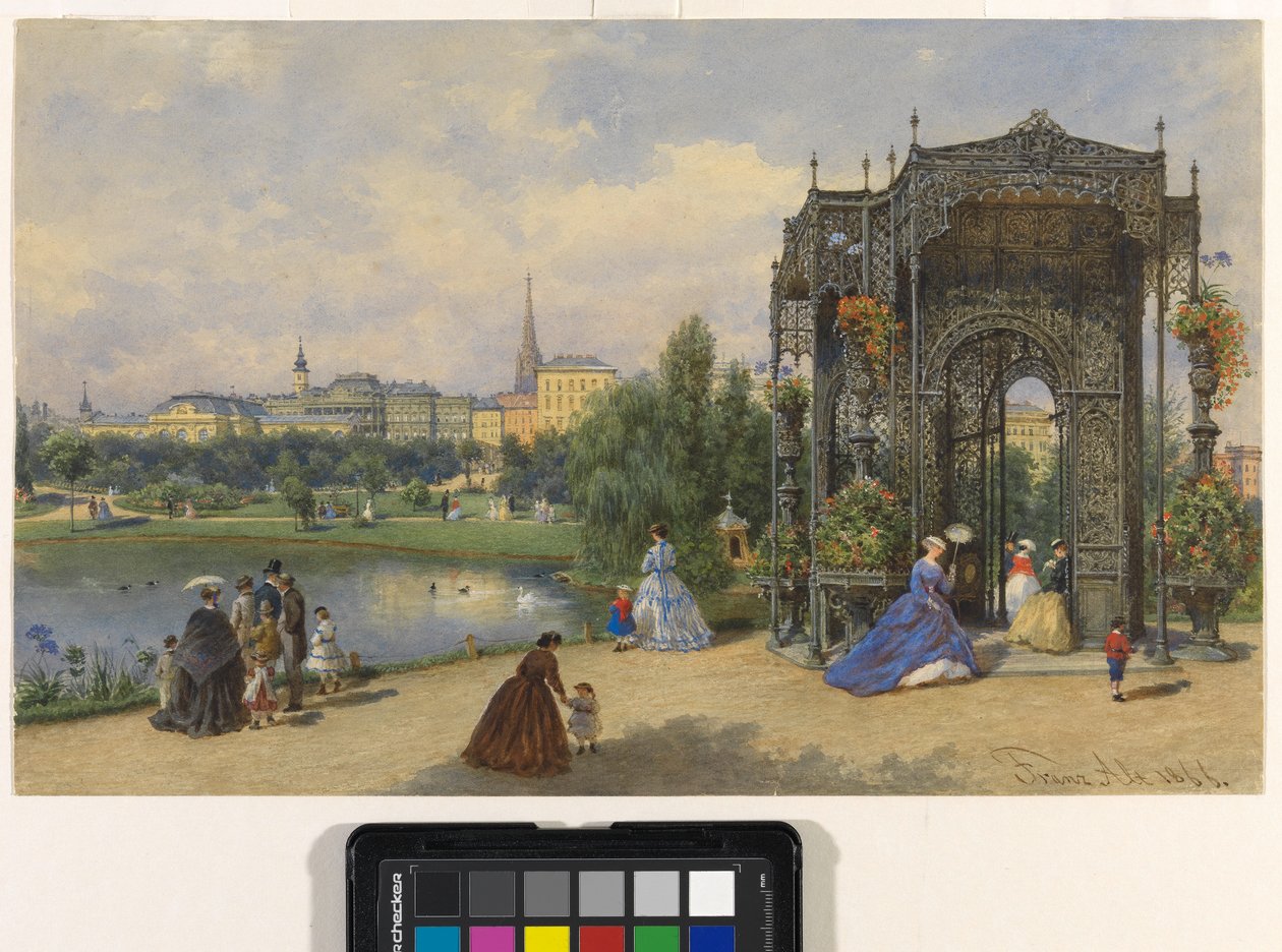 Stadspark met ijzeren paviljoen en uitzicht op de stad door Franz Alt