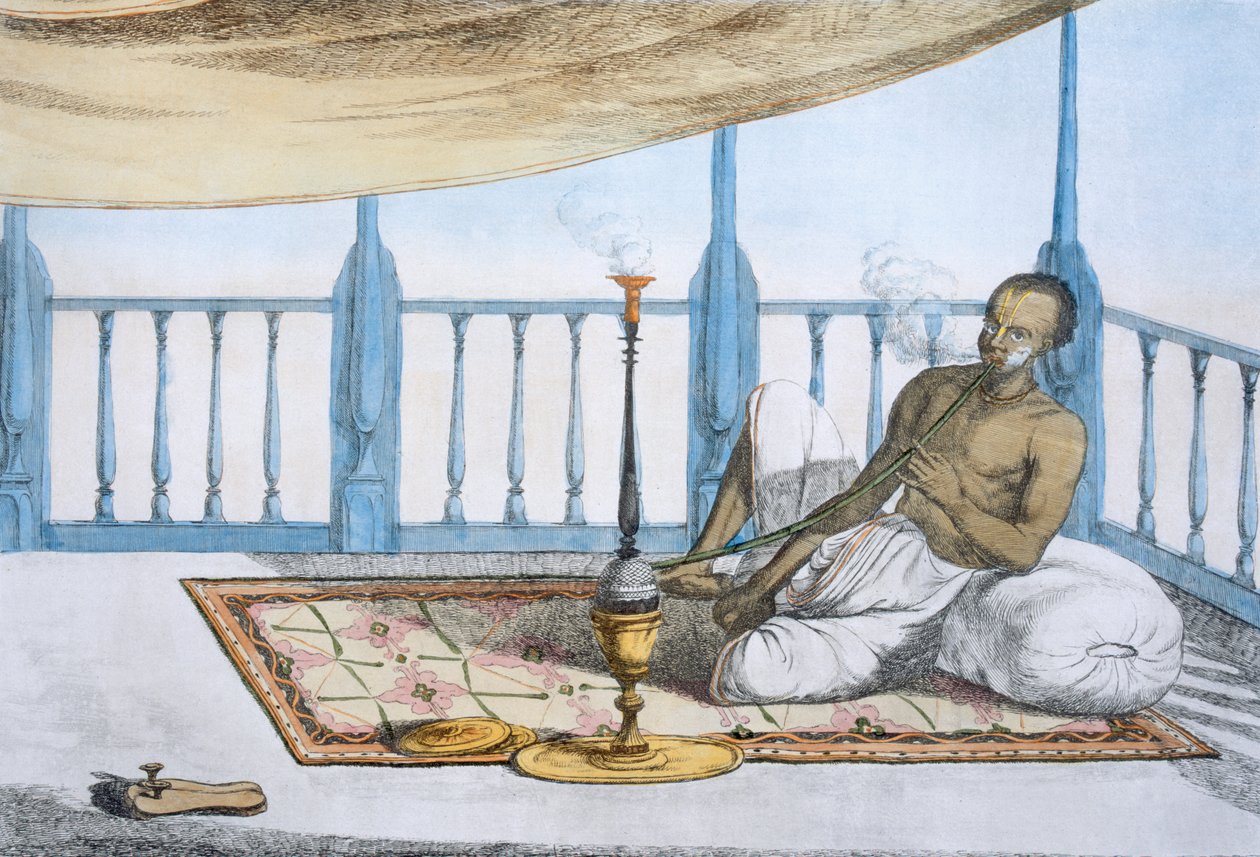 Man die een waterpijp rookt van hasj of opium, uit 