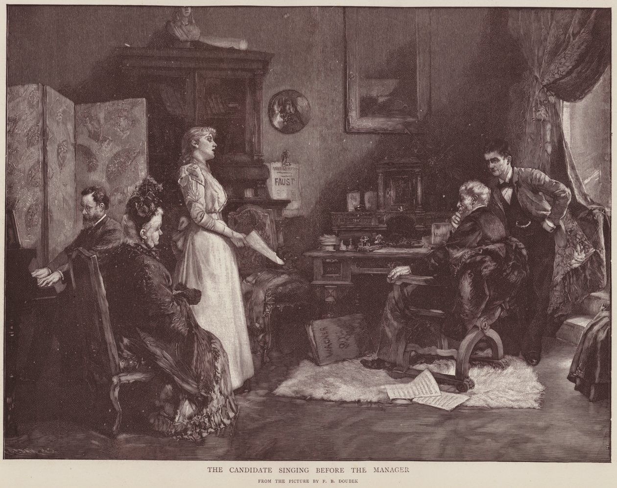 De kandidaat zingt voor de manager (litho) door Franz Bohumil Doubek