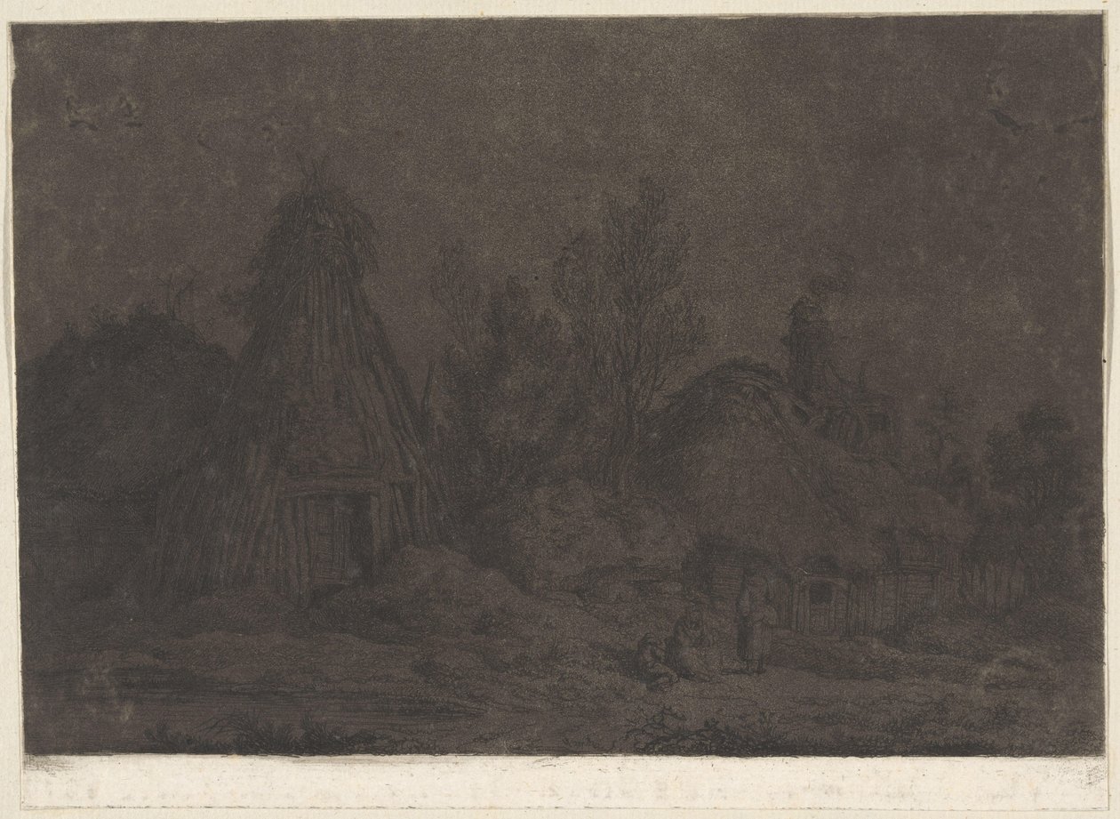 Maanlichtscène met figuren voor een hut door Franz Edmund Weirotter