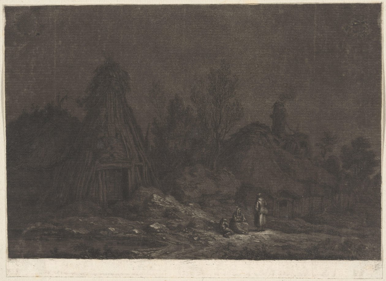 Maanlichtscène met figuren voor een hut door Franz Edmund Weirotter