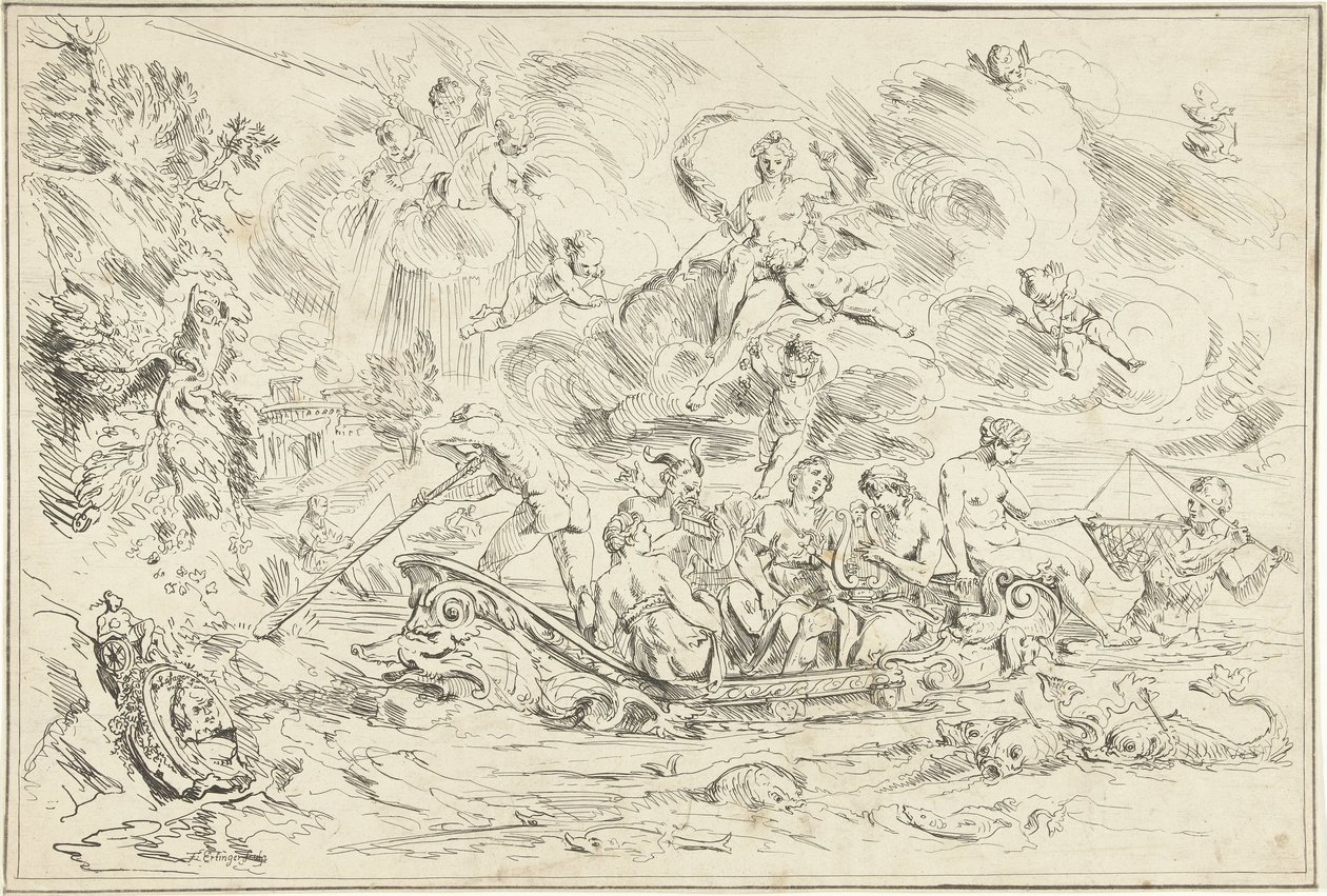 Apollo en Pan in een bootje door Franz Ertinger