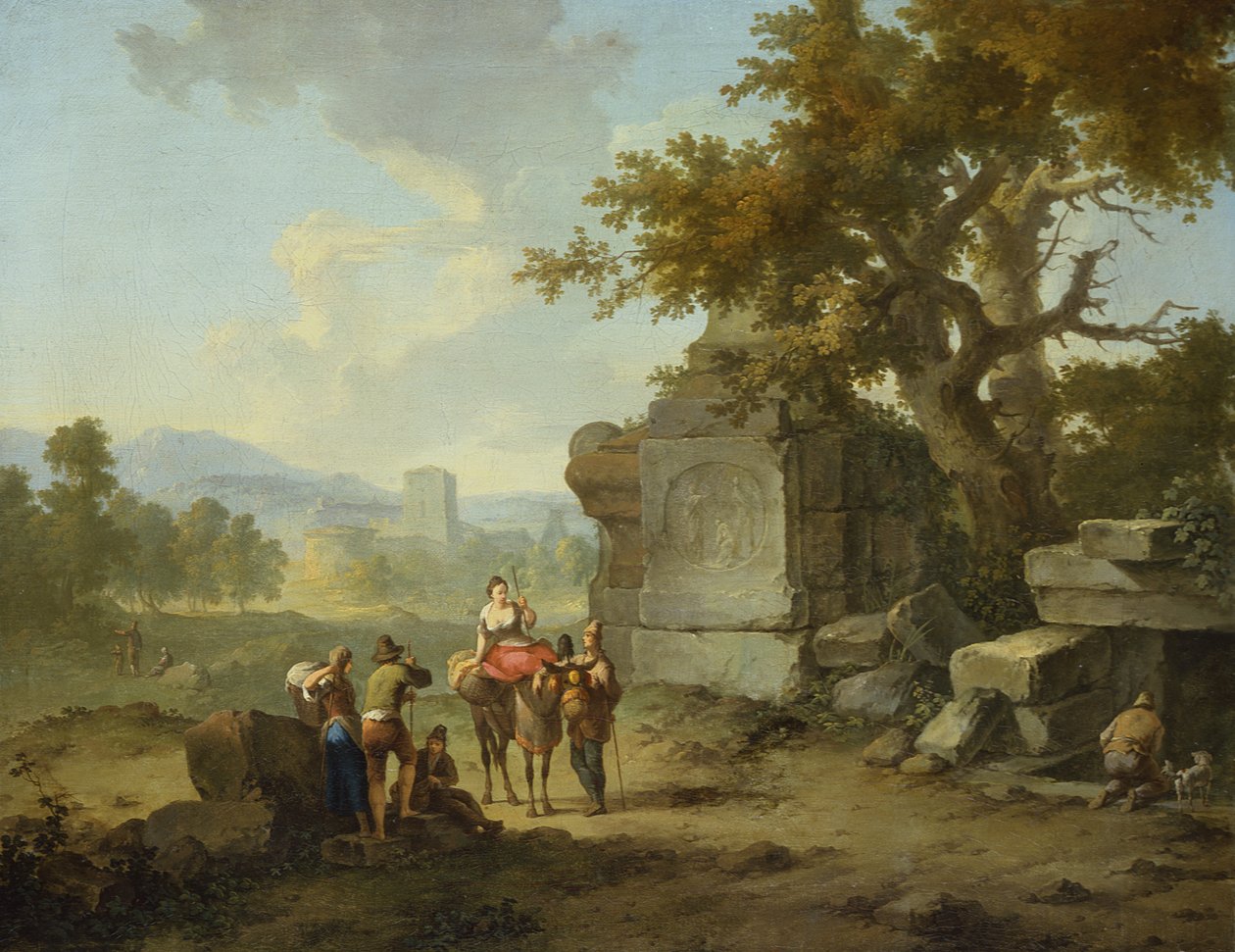 Rustiek Landschap met Reizigers (een van een paar) door Franz Ferg
