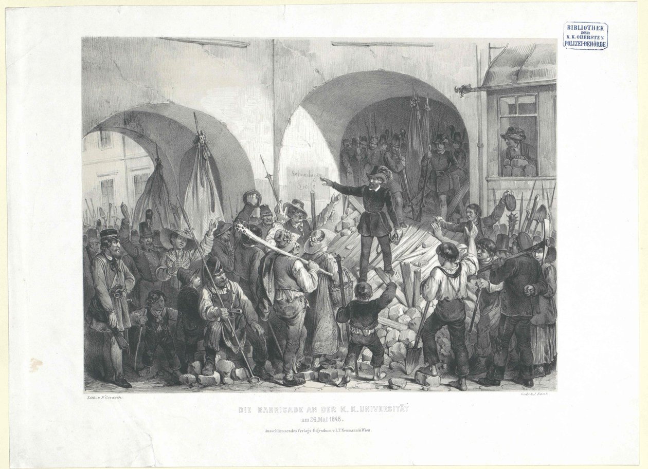 De barricade bij de k.k. universiteit op 26 mei 1848 door Franz Gerasch