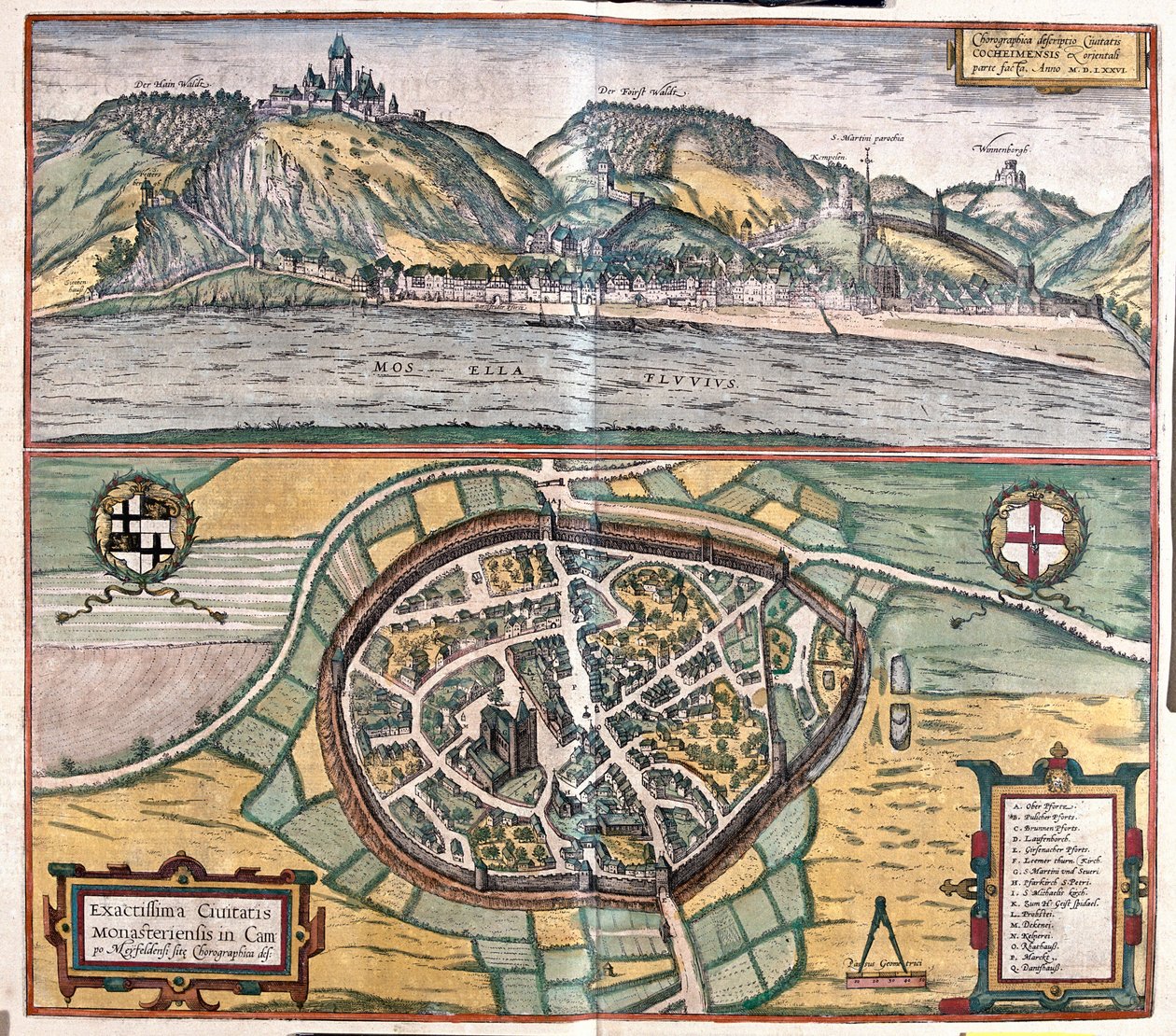 Nauwkeurige illustratie van de stad Munstermaifeld in Maifeld, Duitsland door Franz Hogenberg