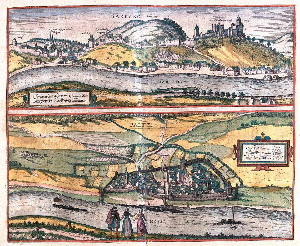 Nauwkeurig overzicht van de stad Saarburg en de stad Pfaltz an der Mosel, Duitsland (gravure) door Franz Hogenberg